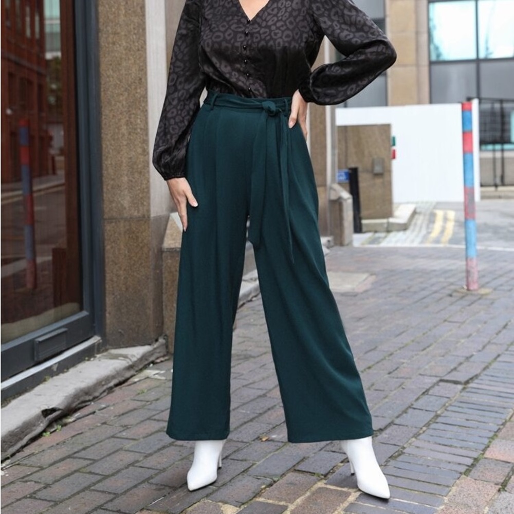 Belted Wide Loose Leg Pants with Pockets High Waisted SHEIN Sz Large Dark Green